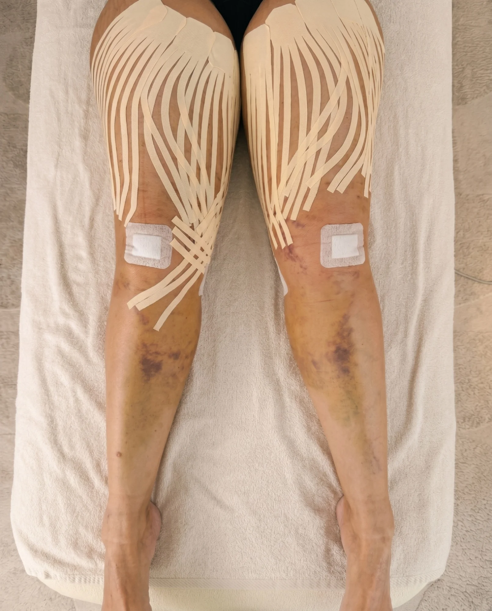 Taping lymphatique des cuisses en accompagnement du lipœdème